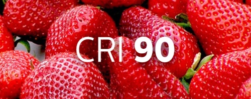 Schüssel mit Erdbeeren, die einen Hinweis auf die Farbstärke bei Beleuchtung von unter CRI 90 gibt.