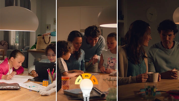 Alle drei Szenarien der Einstellungen von Philips SceneSwitch LED-Lampen in einem Bild