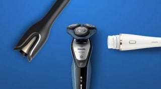 „Philips Pflegegeräte auf blauem Hintergrund: elektrischer Rasierer, Barttrimmer und Gesichtsreinigungspinsel für die Körperpflege von Männern.“